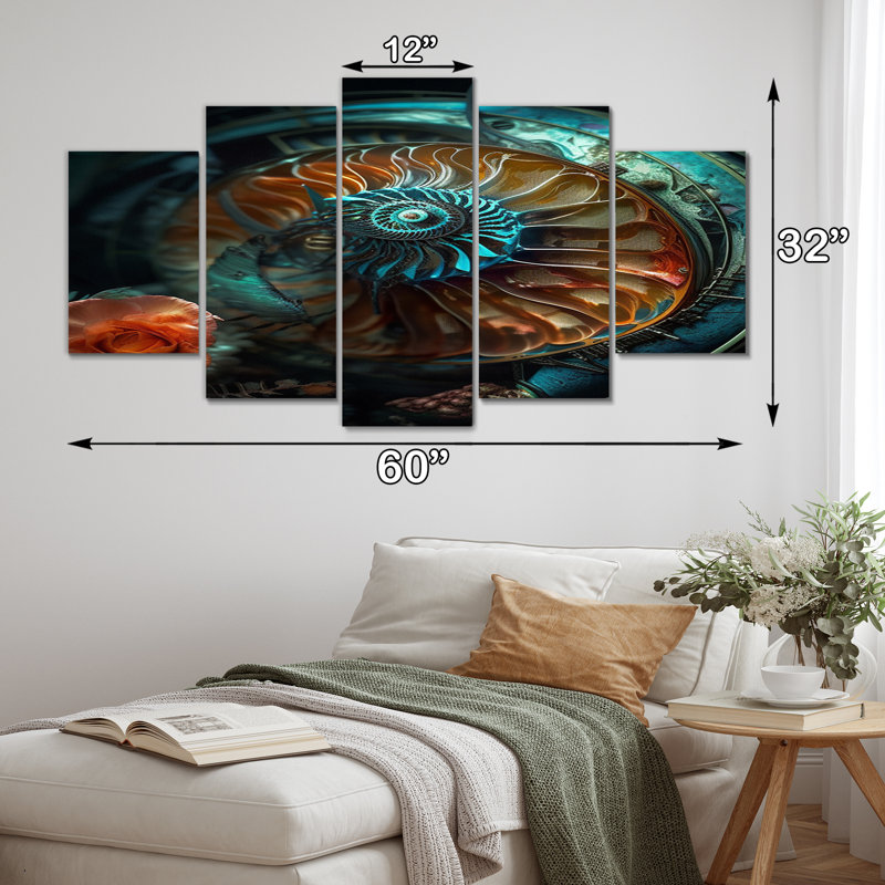 Bioluminescent Spiral Oceanic Astrolabe VI - Décoration murale spirales abstraites - 5 panneaux