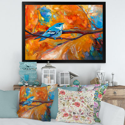 Oiseau fauve bleu sur une branche - peinture sur toile