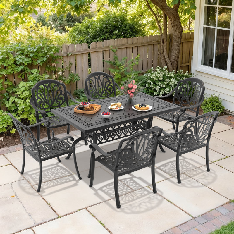 7-Piece Outdoor 59.06" Rectangular Dining Set with 6 Stackable Chairs, Brown Cushions, 6