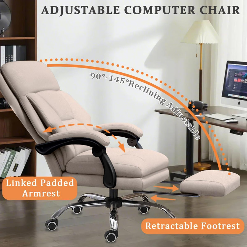 HDHNBA Height Adjustable Reclining Leather Office Chair Retractable Footrest 360 Degree Swivel Casters, Beige