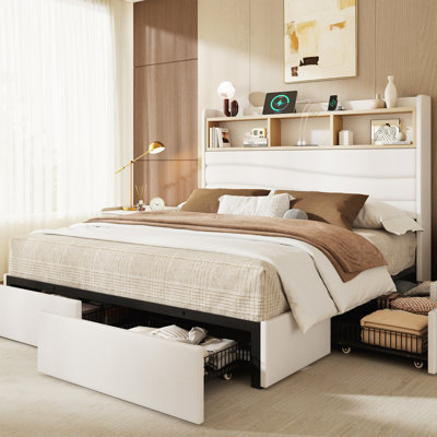 Queen Size Bed with 6 Storage Drawers & Headboard, Upholstered Bed Frame with Charging Station, White