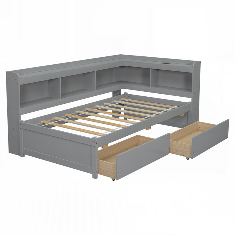 L-Shaped Bookcase Bed with Built-in Charging Storage Drawers and Quality Pine Wood Construction for Small Spaces, Gray, Twin