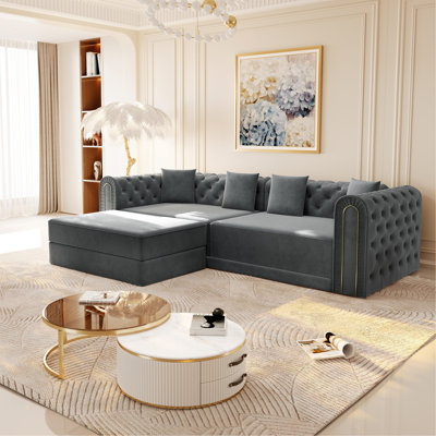90.6" 3-In-1 Convertible Sleeper Sofa,Elegant Modern Couch With Button Tufted And Gold Edge Trim,3-Seater Couch With Movable Ottoman For Living Room,Apartment,Office,Bedroom,Dark Grey