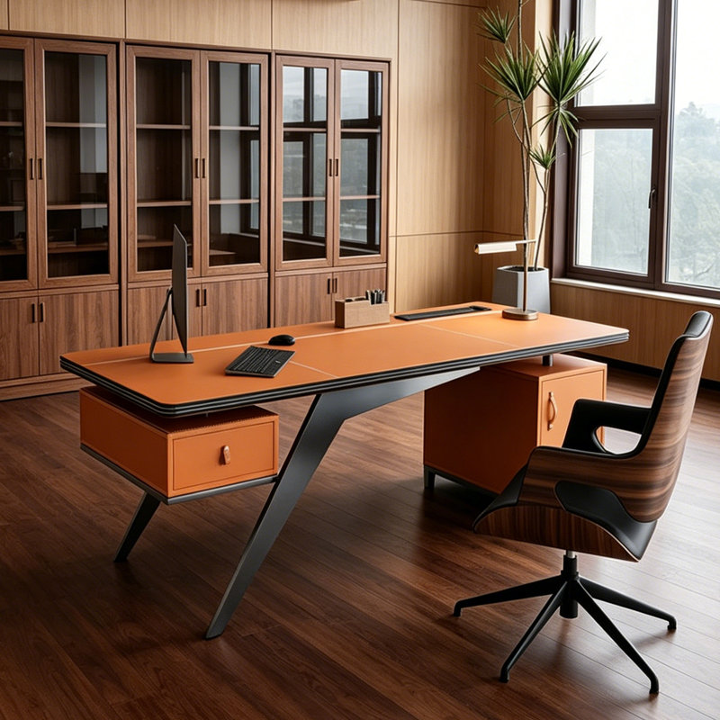 Bureau d'étude de style minimaliste moderne, H 29,53 po x l 55,12 po x P 27,56 po, Orange / Noir
