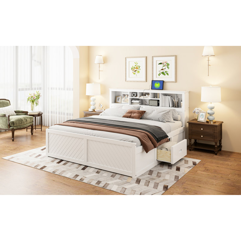 Lit plateforme très grand en bois antique avec tête de lit multifonctionnelle, tiroir -, aucun sommier nécessaire, raccordement multiple