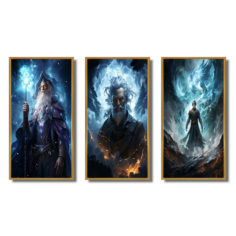 «Powerful Wizard», 3 pièces sur toile, H 32 po x l 48 po, Cadre flottant doré