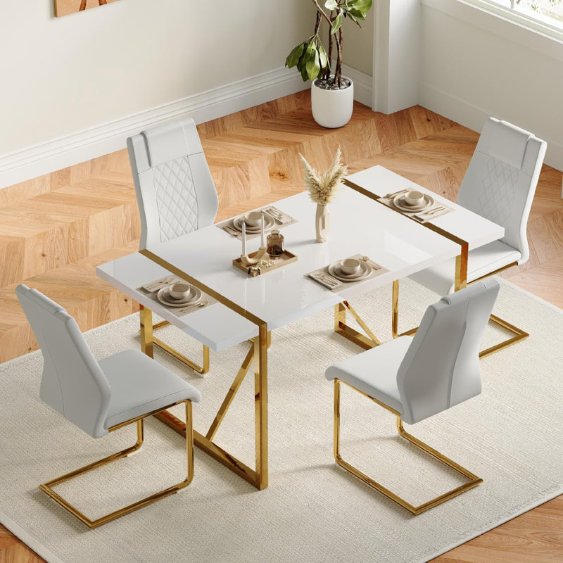 Ensemble de salle à manger rectangulaire L 31,5 po x l 55,12 po Minday, 5, Doré, Blanc / Doré
