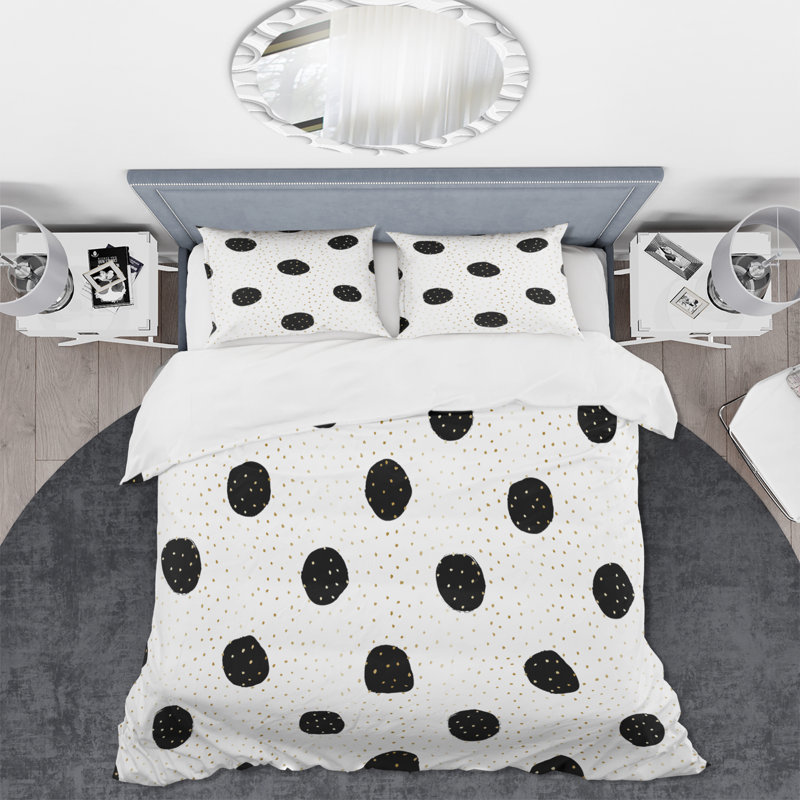 Cercles noirs avec pois dorés I - ensemble de housse de couette moderne - microfibre de polyester