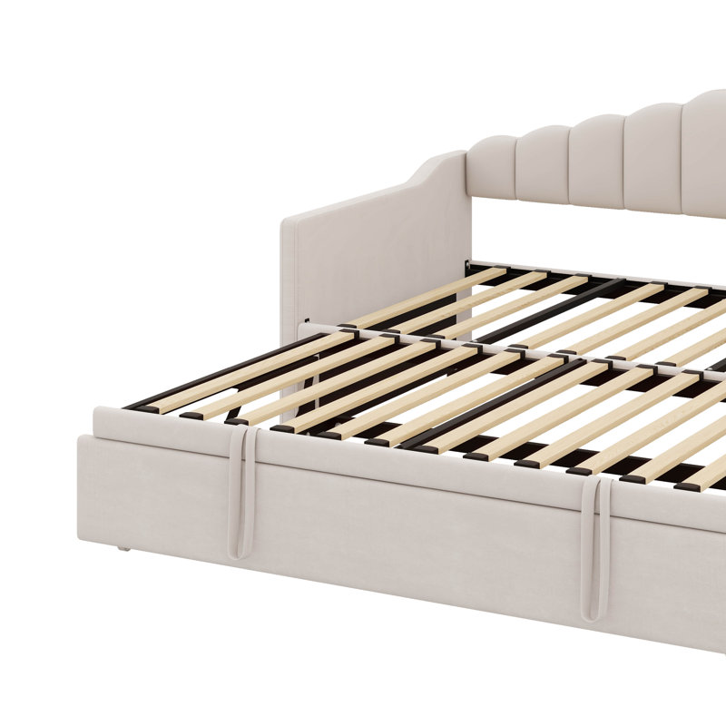 Lit de jour simple rembourré avec couchette escamotable réglable en hauteur, ports USB et Type-C, Beige