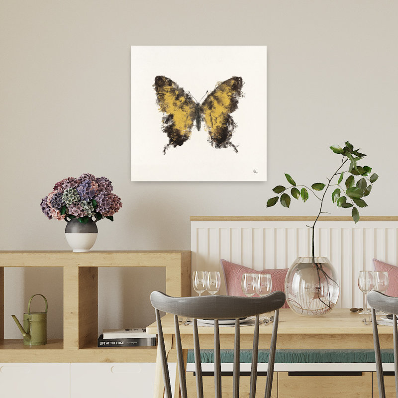 Golden Wings I, art contemporain papillon, H 18 po x l 18 po