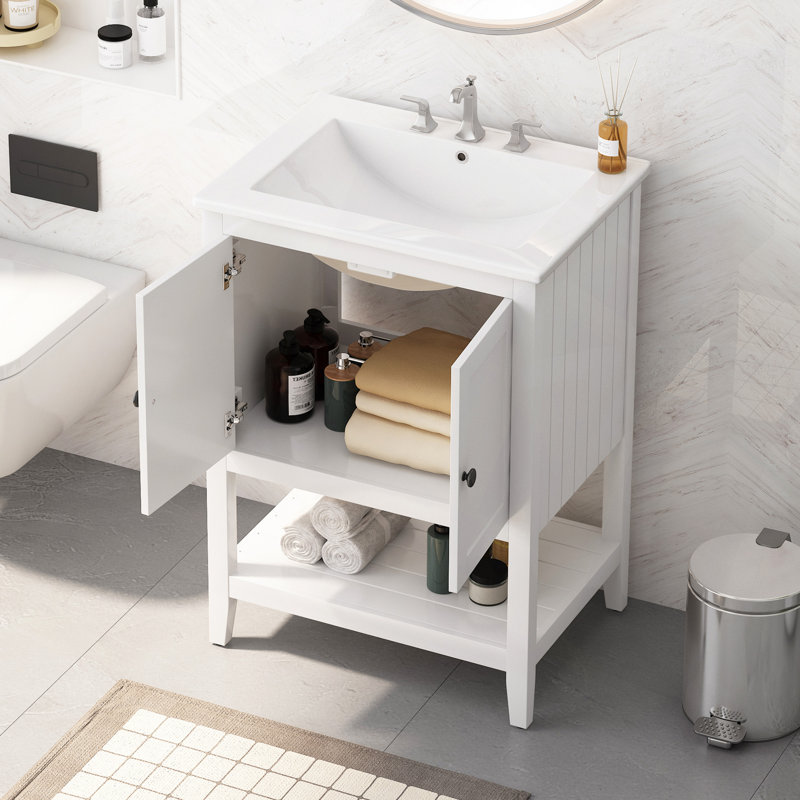 Lavabo de salle de bain moderne et élégant avec lavabo en céramique et structure ouverte en bois massif, Blanc, 24"