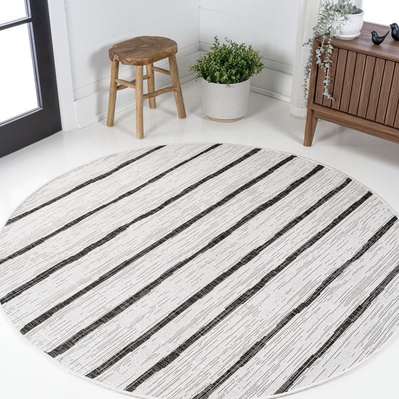 Sieghard Berber Stripe Ivory/Black Indoor/Outdoor Rug, Round 9'