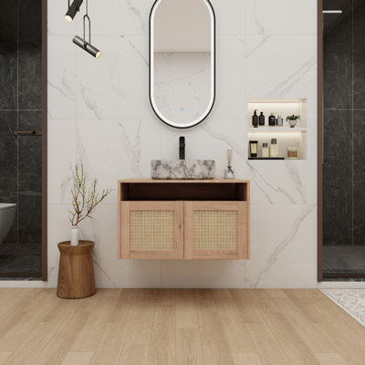 Meuble-lavabo de 30 po avec lavabo d'art en céramique, 2 portes à fermeture douce, conception à fixation flottante, contreplaqué (emballage KD)