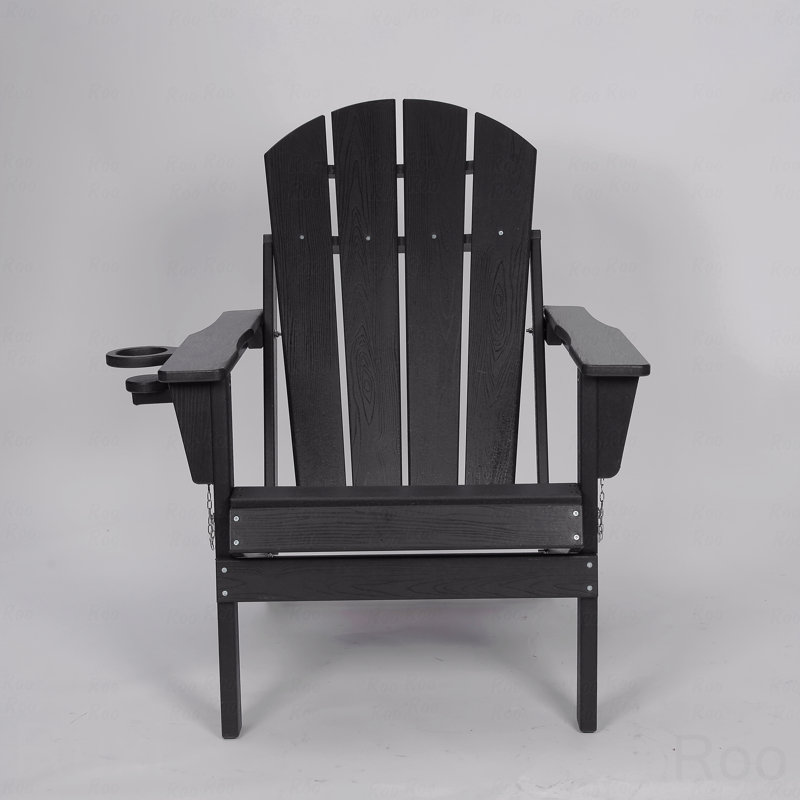 Outdoor Adirondack Chair, Foldable With Dual Cup Holder, Composite Material With Wood Texture, Black