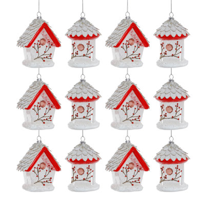 Christmas Glass Birdhouse Tree Ornaments, 2 Assorted Designs, Set of 12