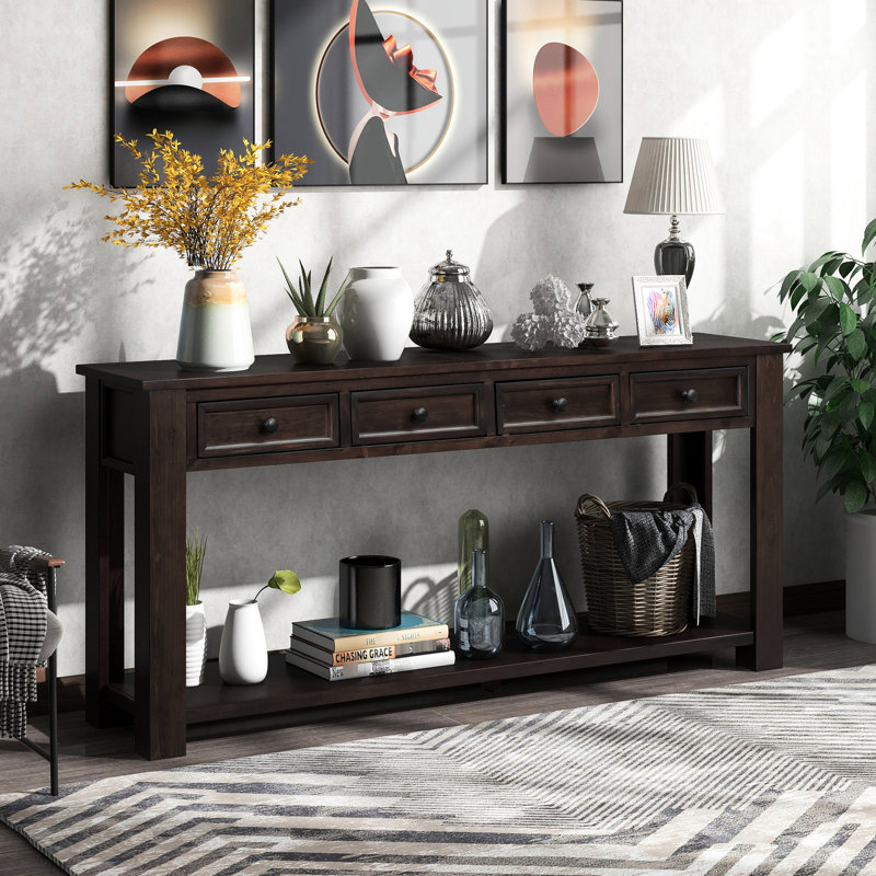 Rectangular Console Table In : Stylish Entryway Option Table: 4 Drawers & Fixed Lower Shelf, Espresso