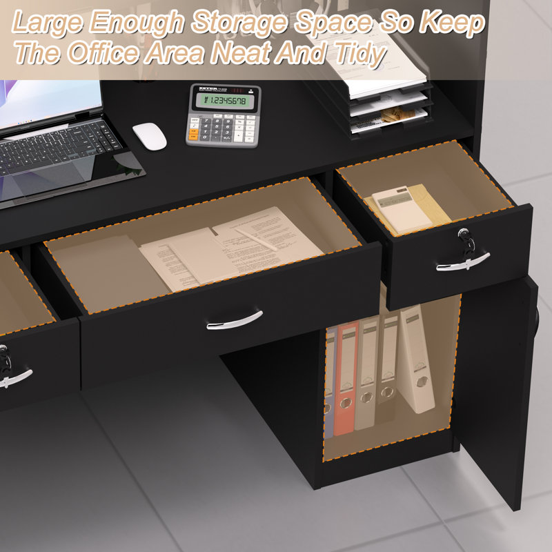 Reception Desk with Counter, Modern Front Table Equipped Lockers & Storage Shelves, 48-inch Checkout Counter with DIY Stripe for Lobbies, Salons, Retail, Home Offices, Reception Room