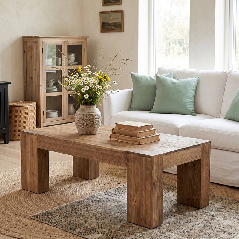 55" Large Solid Wood Coffee Table for Living Room, Farmhouse Center Table with Heavy-Duty Legs
