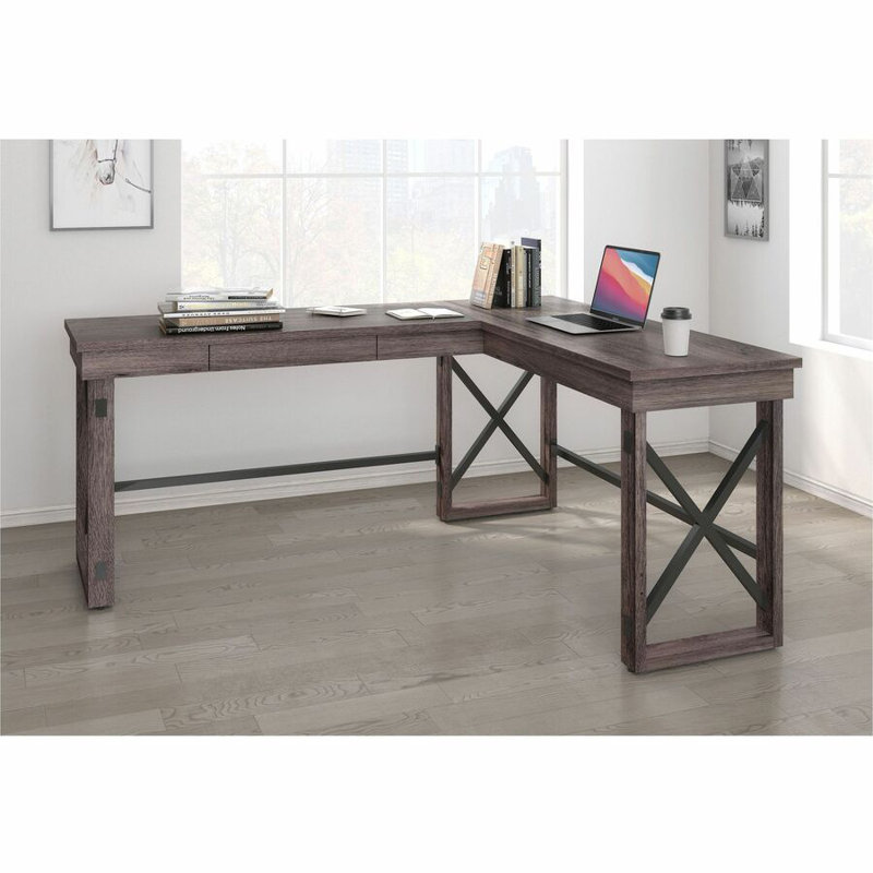 67'' Gray Wood L-Shaped Writing Desk with Drawer