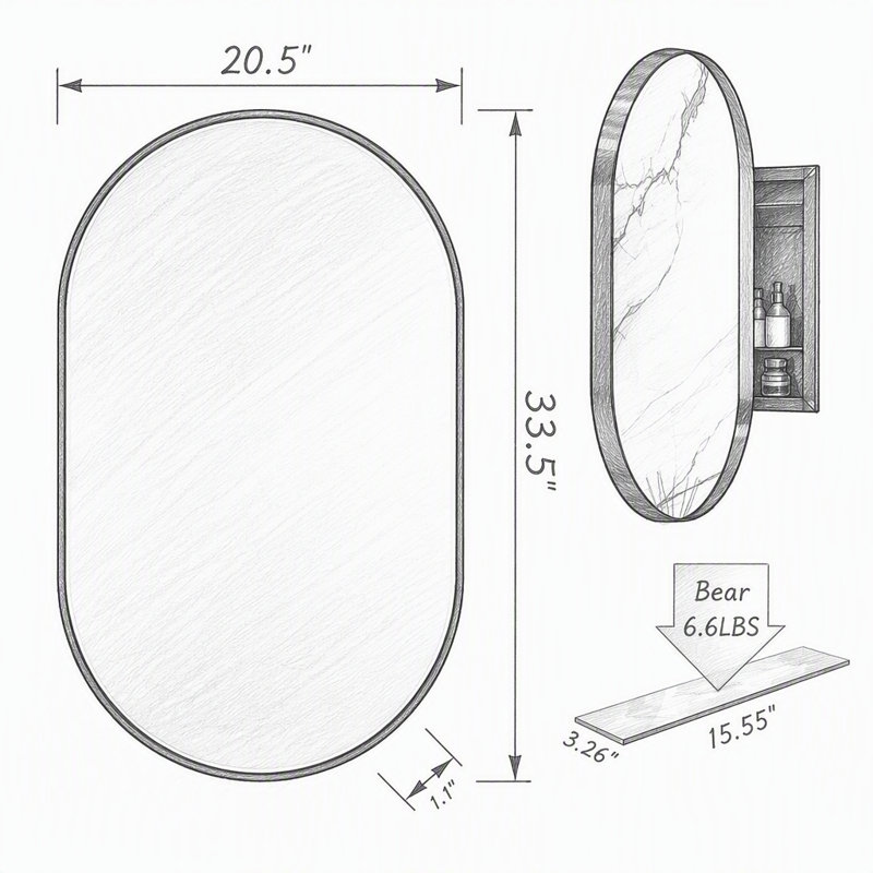 Pharmacie encastrable ovale 20 po x 34 po, Blanc