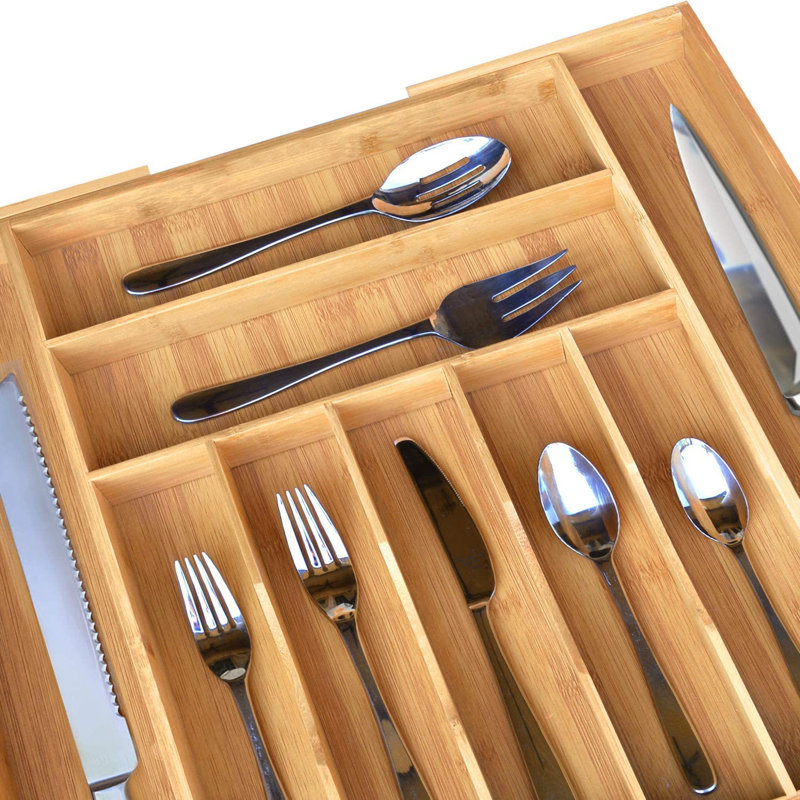 Rangement de tiroir ajustable pour couverts et ustensiles de cuisine, Naturel