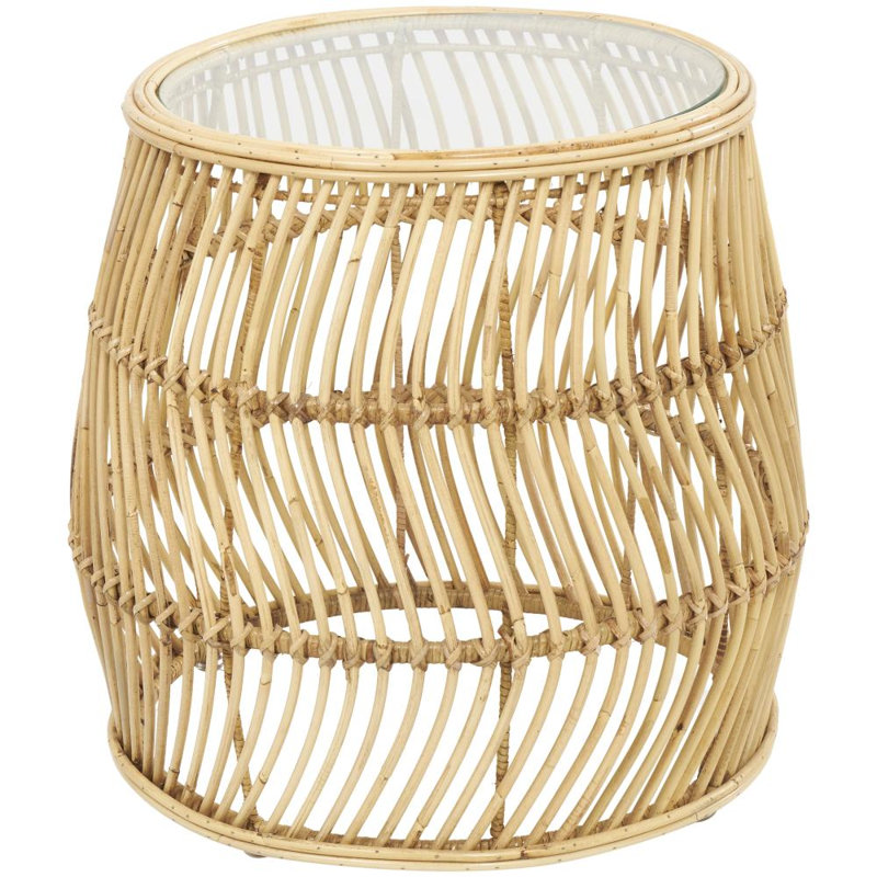 Rattan Handmade Wavy Woven Side End Brown Accent Table with Glass Top