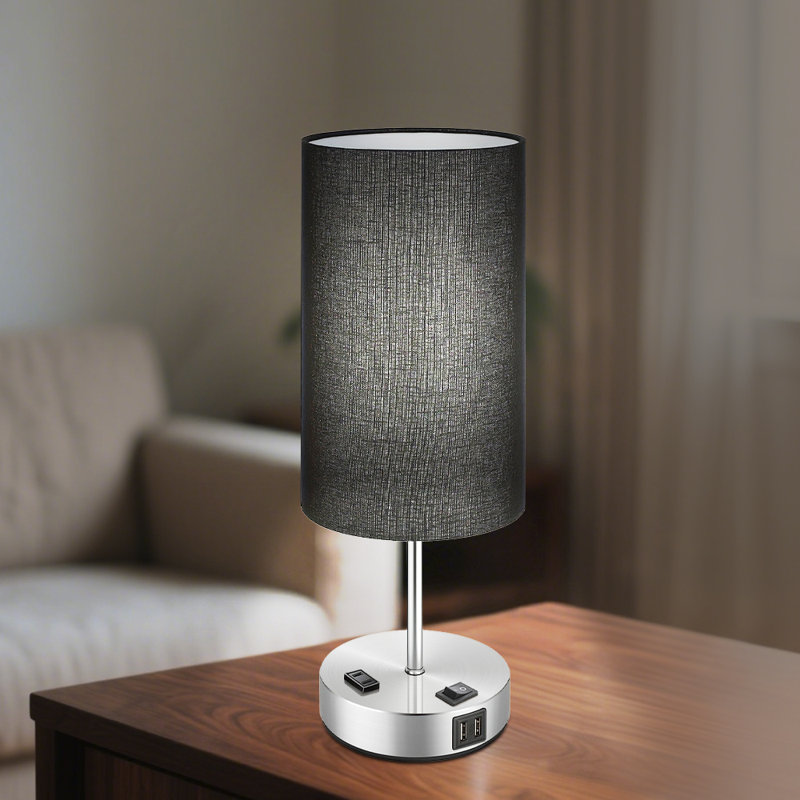 Lampe de table TButton Control, lampe de chevet à intensité variable à 3 voies avec USB-A, USB-C et prise de courant CA, abat-jour en tissu, ampoule incluse, noir, paquet de 1