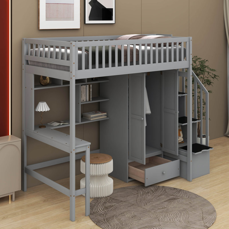 Lit mezzanine simple avec bibliothèque, tiroirs, bureau et garde-robe, Gris