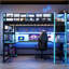 Lit mezzanine double en bois avec bureau, rangement latéral, multi-tablettes et lumière RVB, bleu nuage