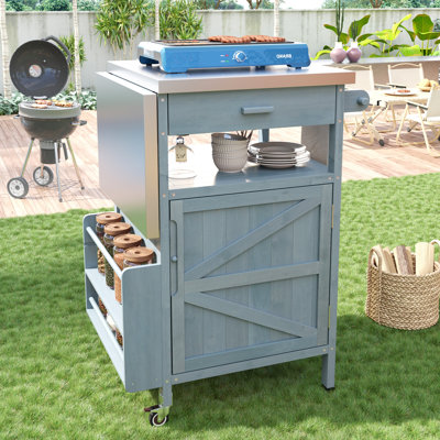Outdoor Grill Cart With Stainless Steel Top, Solid Wood Rolling Kitchen Cart With Drop Leaf, Drawer & Locking Wheels, Blue Grey
