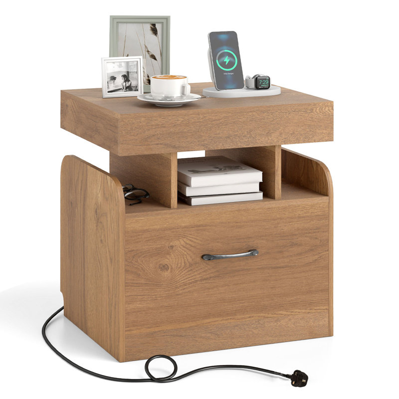 Nightstand Bedside Table With Drawer & Sliding Top Storage, Brown
