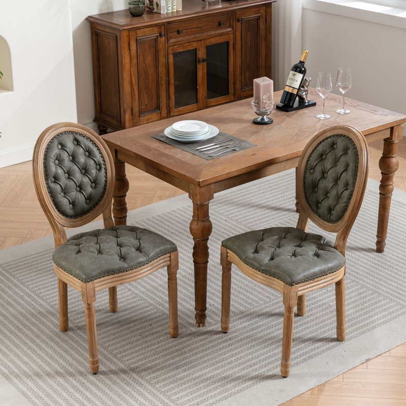Antique-Style Solid Wood Dining Chairs, 2 Units, Pu Leather Covering, Handmade Details, Colour Comfortable 2 , Structure, Seat, Sponge Spring Cushion, Greenish