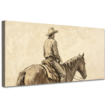 Art mural rétro vintage Cowboy, neutre Sud-Ouest, décoration murale pour le salon ou la chambre à coucher, Cowboy rustique à cheval, galerie d'art sur toile tendue 16 x 32 pouces