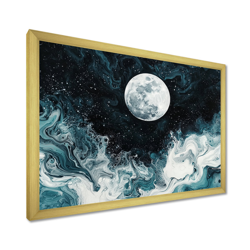 Lumineux rêve de lune paysage II - Pleine lune, salon d'art mural, H 16 po x l 32 po, Doré