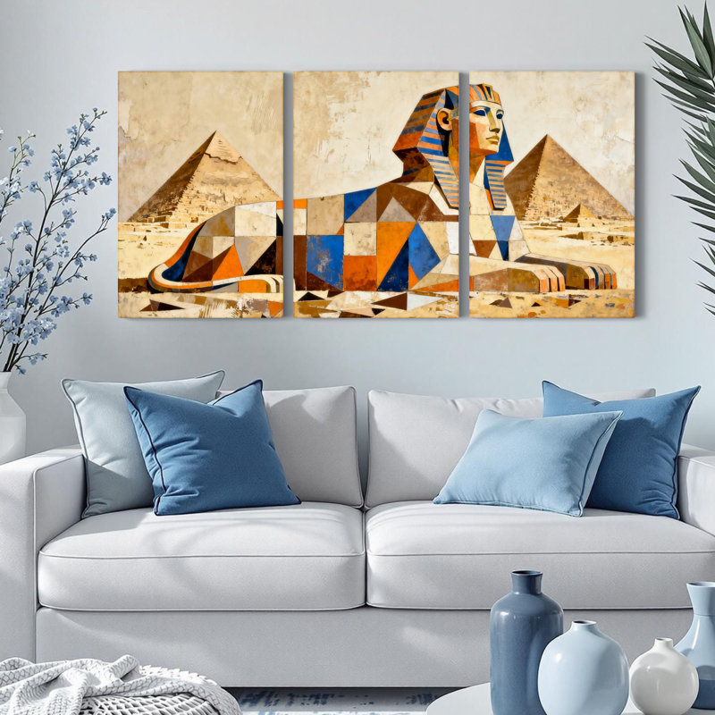 Ensemble de 3 toiles murales géométriques représentant le sphinx et les pyramides égyptiennes, H 24 po x l 48 po
