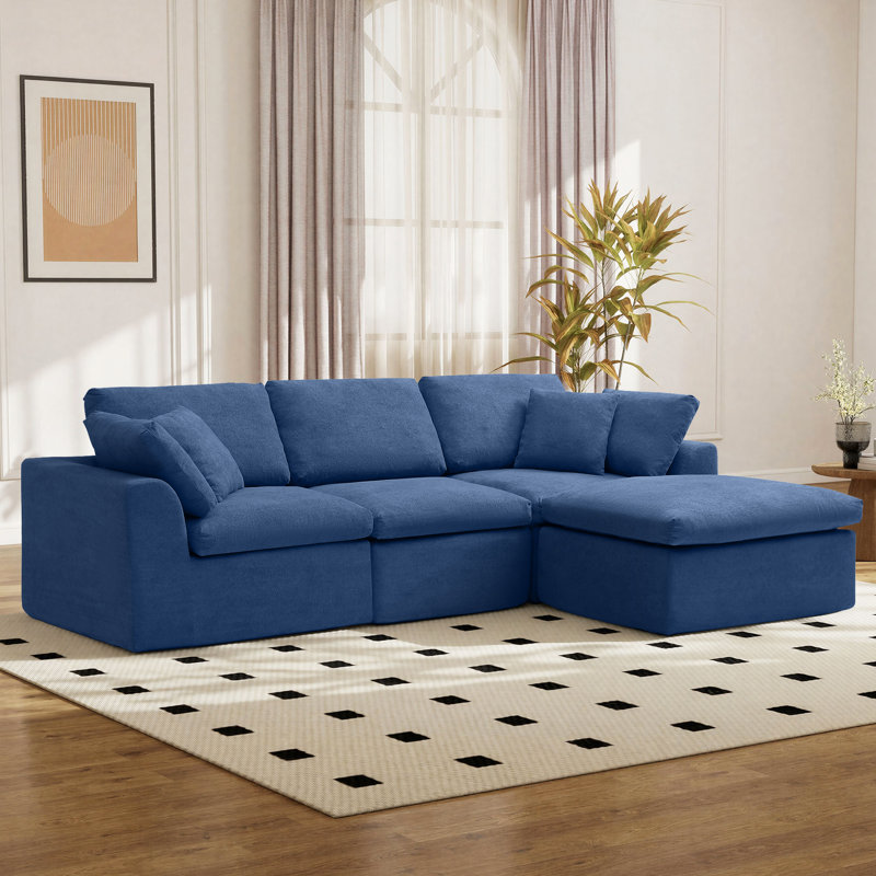 Comfy Boneless L Shaped Sectional Modular Cloud Sofa with Ottoman, Oversized Compression Deep Seat Couch, 3 Seater Living Room Set