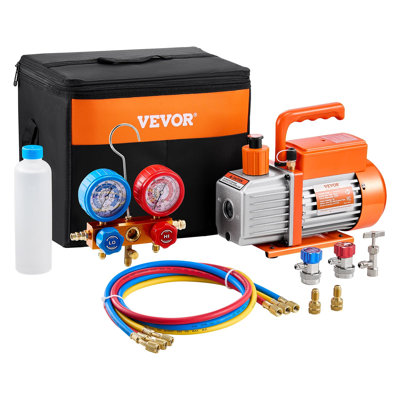 3.5 CFM AC Vacuum Pump and Gauge Set, Single Stage Rotary Vane HVAC Air Vacuum Pump, A/C Refrigerant Manifold Gauge Kit, with Hoses, for R134a, R12, R22, R502a, R410A, R404, R407C Refrigerants