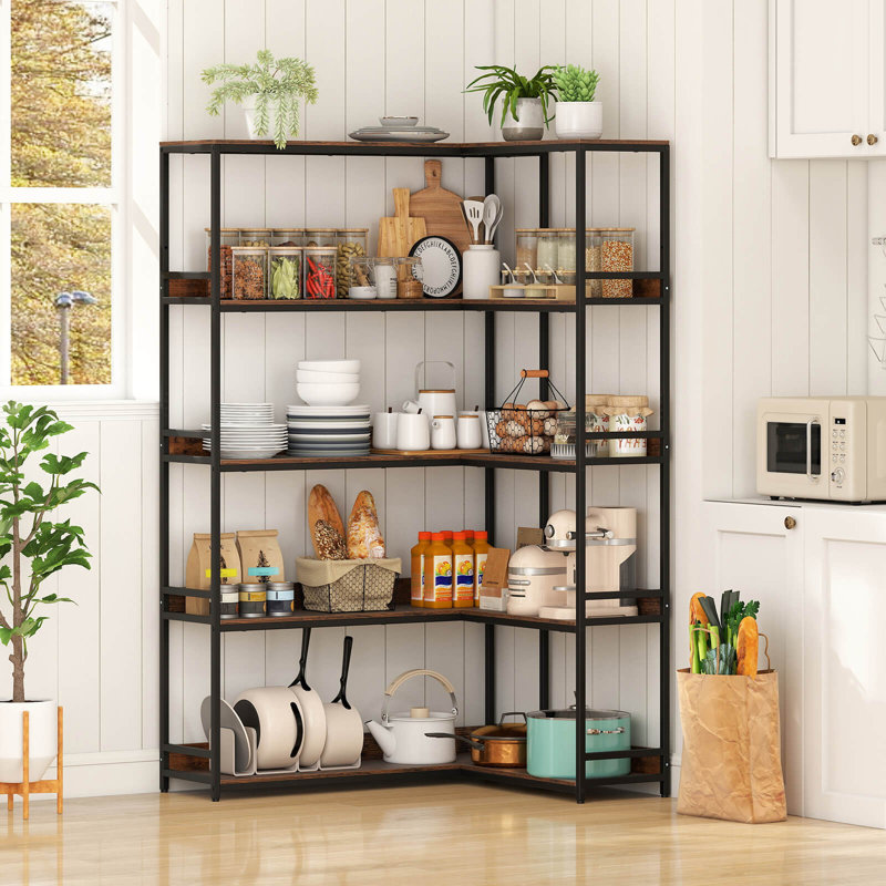 Corner Bookshelf 5-tier L-shaped Bookcase 71" Tall Etagere Bookshelf With Metal Frame, Black/Brown