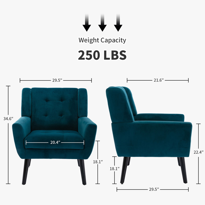 Tufted Upholstered Wide Back Armchair（Set of 2）, Blue Velvet