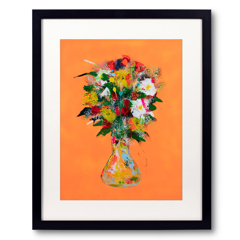 Flowers On Orange Print by Jphono 1, 31.25" H x 25.25" W, Black Framed Paper, White