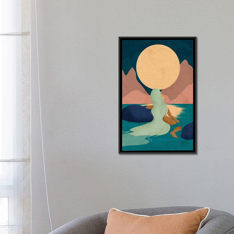 Aquarius Moon par Reyna Noriega - reproduction imprimée, H 26 po x l 18 po x 1,5 po, Toile avec cadre noir, Pas de tapis