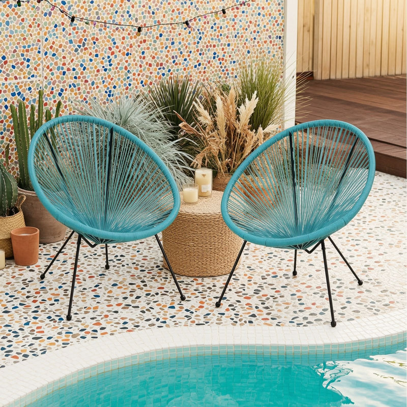Ensemble de chaises d'extérieur en imitation rotin avec panier, Sarcelle