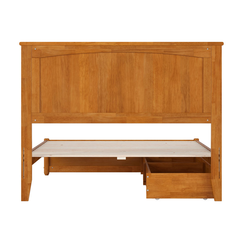 Lit plateforme en bois massif Lamaiyah avec pied de lit et tiroirs de rangement, Double, Caramel clair