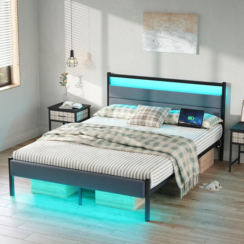 Bed Frames with Charging Station, LED Lights Bed with Grey Upholstered Headboard, Under Bed Storage, No Box Spring Needed, Noise Free, Easy Assembly