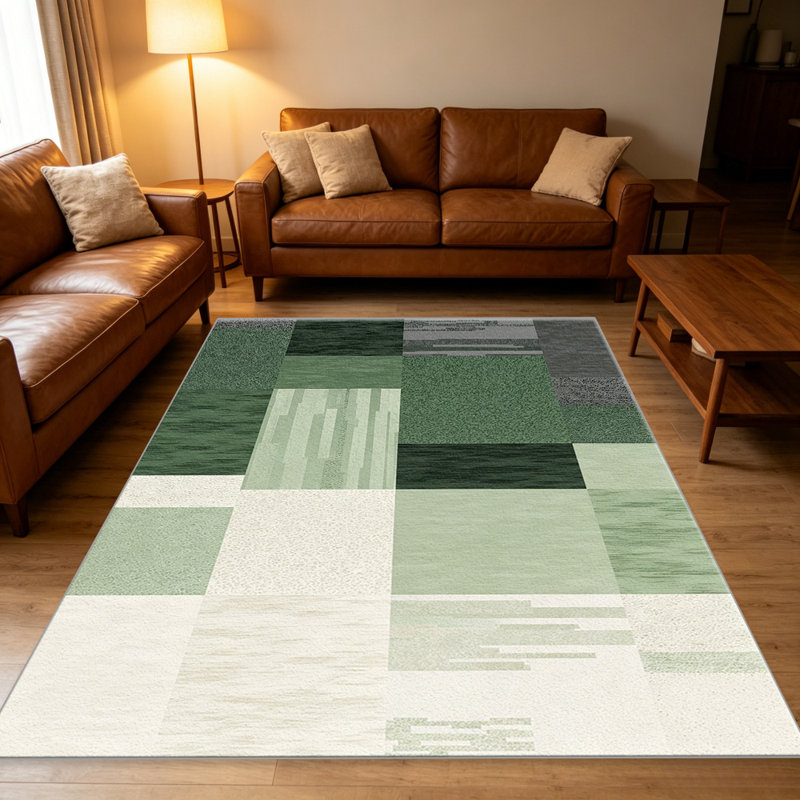 Green Geometric Block carpet-easy to clean, machine-washable, soft and comfortable; suitable for door mats, kitchens, living rooms, bedrooms, corridors, and laundry areas. Easy to clean, durable carpet for home decoration.