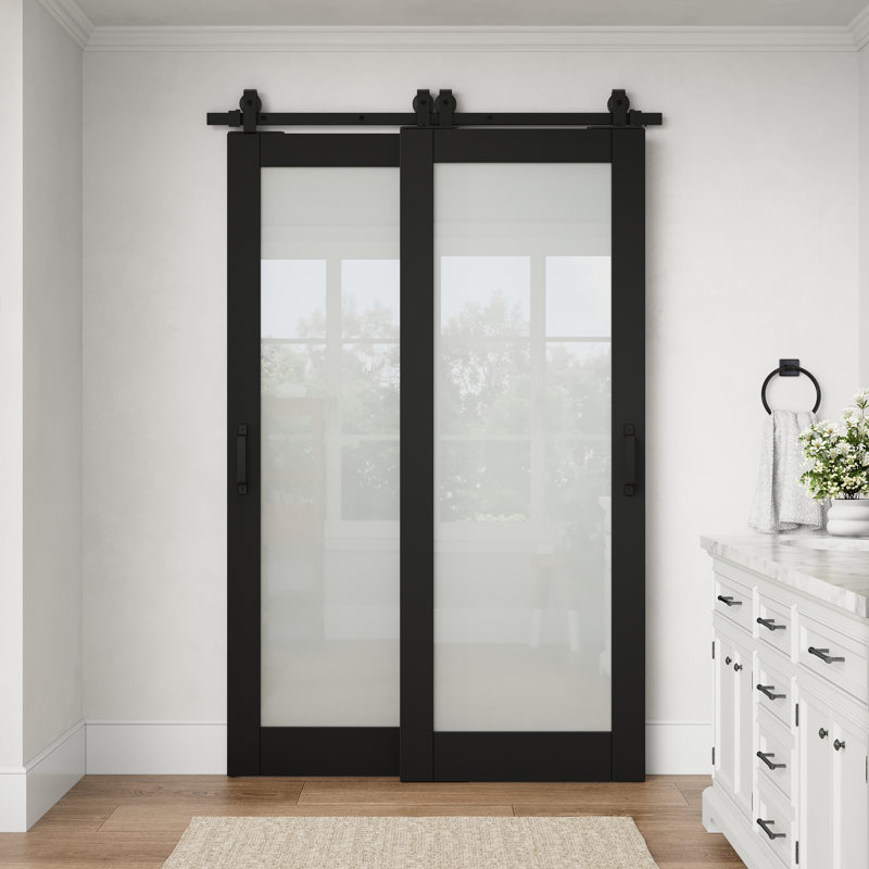 Porte intérieure standard 48 po x 80 po, 1 vantail, en verre trempé dépoli noir, avec ensemble de quincaillerie pour porte coulissante de style grange, idéale pour le garde-manger et la cuisine.