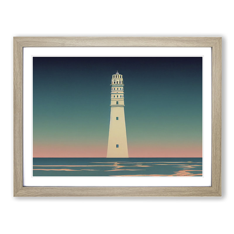Lighthouse Deco Style - Single Picture Frame Print, 34cm H x 46cm W, Grey