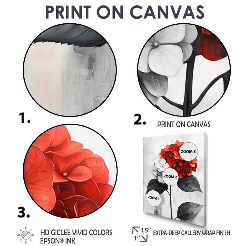 Hortensias monochromes avec décor de pétales rouges I - hydrangées, décoration murale, H 60 po x l 28 po, Toile tendue