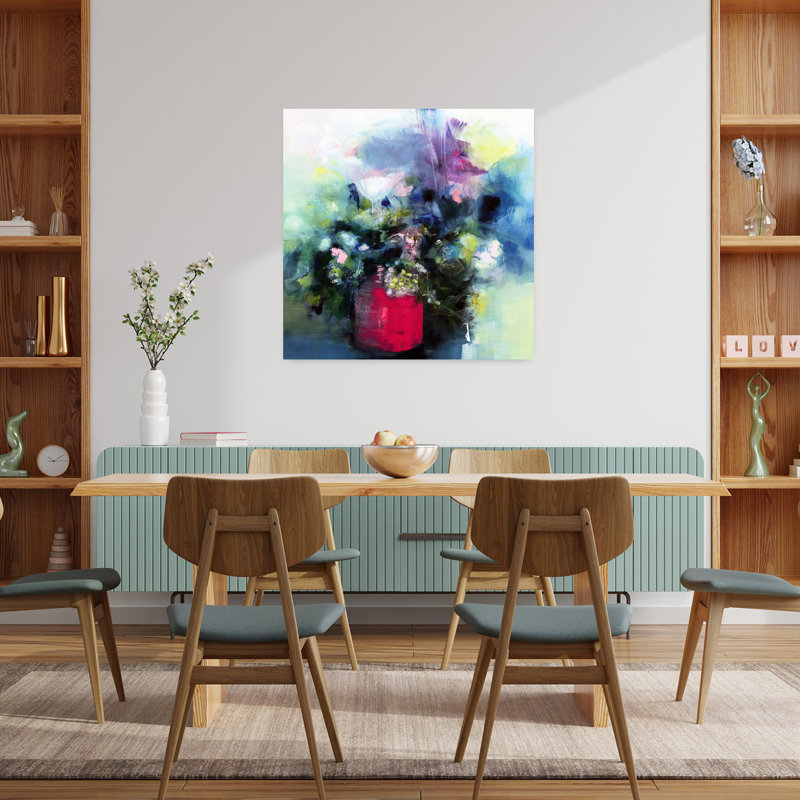 Fleurs dans un pot rose, art abstrait contemporain, H 36 po x l 36 po