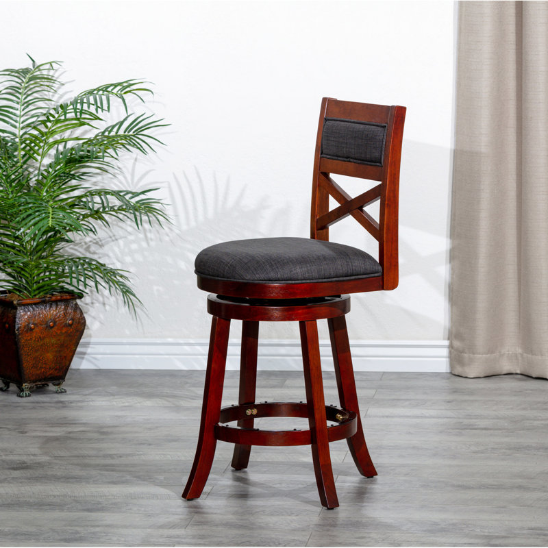 Tabouret pivotant à hauteur de comptoir 24 po, cerisier, tabouret de siège en tissu gris anthracite tranquille. Bois franc. Pivotement à 360 degrés. Pieds évasés rembourrés de mousse pour plus de stabilité
